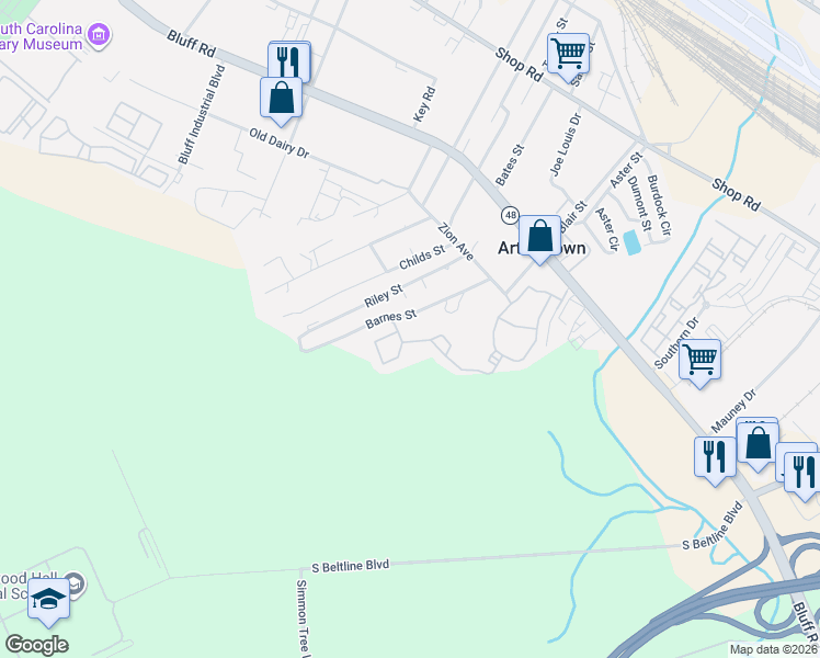 map of restaurants, bars, coffee shops, grocery stores, and more near 700 Barnes Street in Columbia
