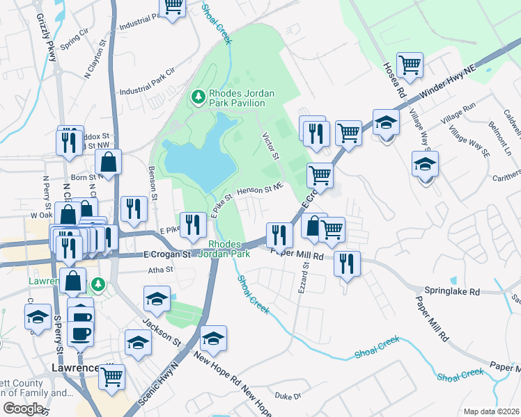 map of restaurants, bars, coffee shops, grocery stores, and more near Water Works Road in Lawrenceville
