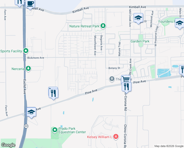 map of restaurants, bars, coffee shops, grocery stores, and more near 7550 Desert Holly Street in Chino
