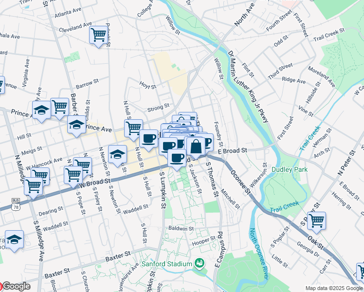 map of restaurants, bars, coffee shops, grocery stores, and more near 277 East Clayton Street in Athens