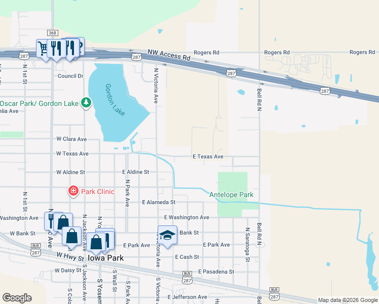 map of restaurants, bars, coffee shops, grocery stores, and more near 607 East Texas Avenue in Iowa Park
