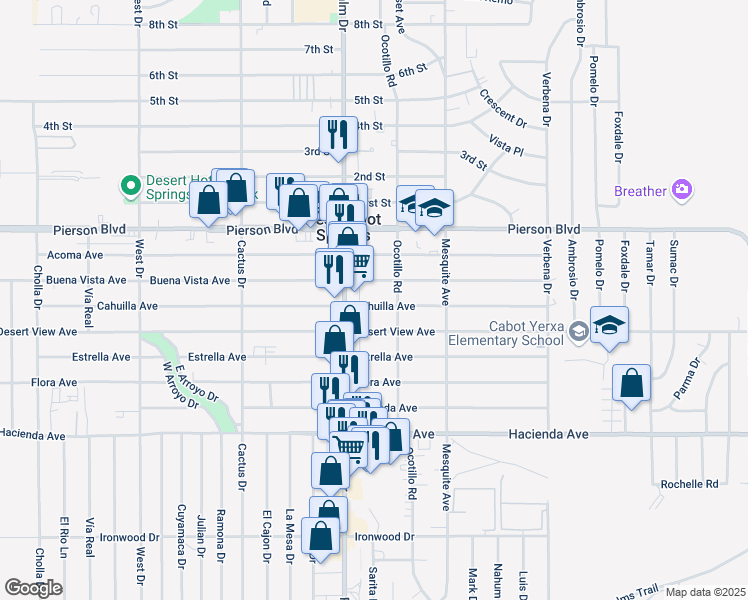 map of restaurants, bars, coffee shops, grocery stores, and more near 66545 Cahuilla Avenue in Desert Hot Springs