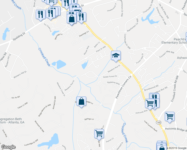 map of restaurants, bars, coffee shops, grocery stores, and more near 6412 Meadow Rue Drive in Norcross