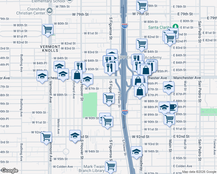 map of restaurants, bars, coffee shops, grocery stores, and more near 8704 South Figueroa Street in Los Angeles