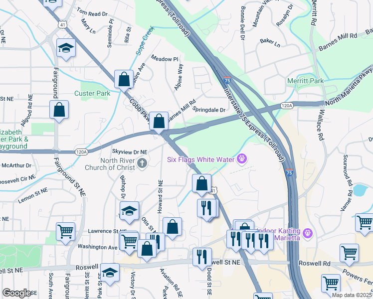 map of restaurants, bars, coffee shops, grocery stores, and more near 300 Cobb Parkway North in Marietta