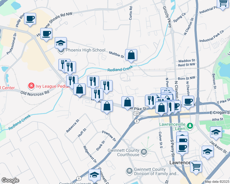map of restaurants, bars, coffee shops, grocery stores, and more near 270 Honeysuckle Avenue in Lawrenceville