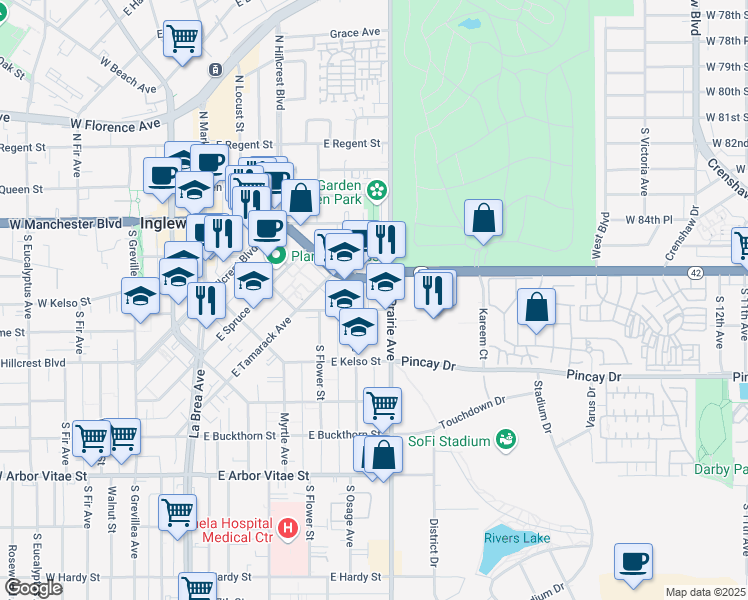 map of restaurants, bars, coffee shops, grocery stores, and more near 817 East Nutwood Street in Inglewood