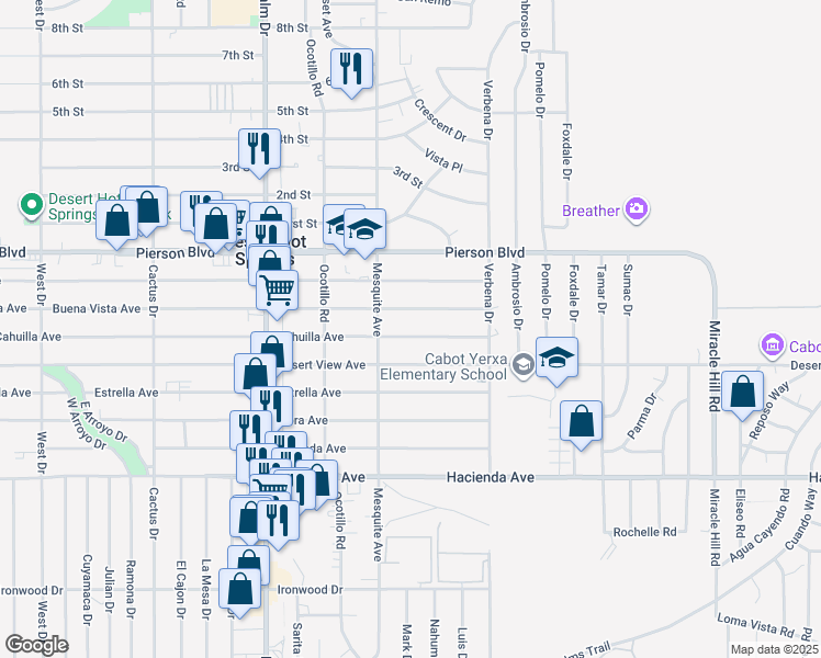 map of restaurants, bars, coffee shops, grocery stores, and more near 66822 Cahuilla Avenue in Desert Hot Springs