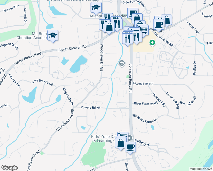 map of restaurants, bars, coffee shops, grocery stores, and more near 341 Declaire Way Northeast in Marietta
