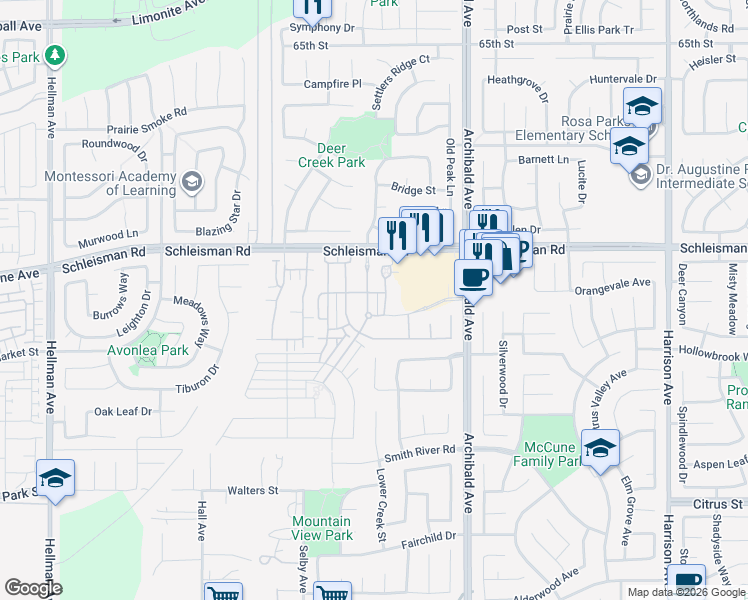 map of restaurants, bars, coffee shops, grocery stores, and more near 7126 Enclave Drive in Corona