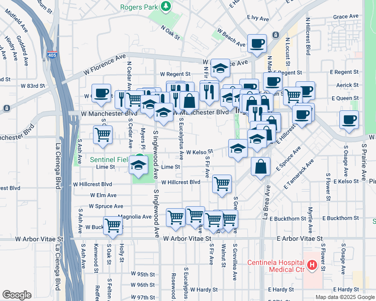 map of restaurants, bars, coffee shops, grocery stores, and more near 237 West Kelso Street in Inglewood
