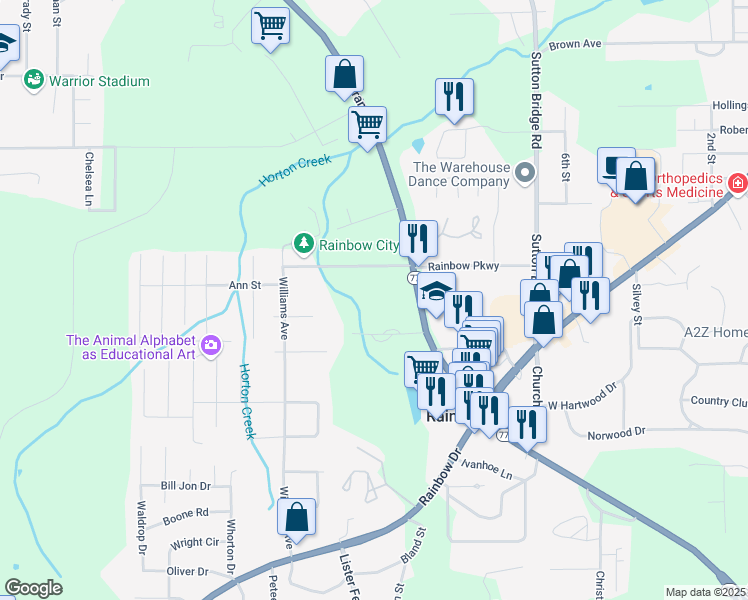 map of restaurants, bars, coffee shops, grocery stores, and more near 210 West Grand Avenue in Rainbow City