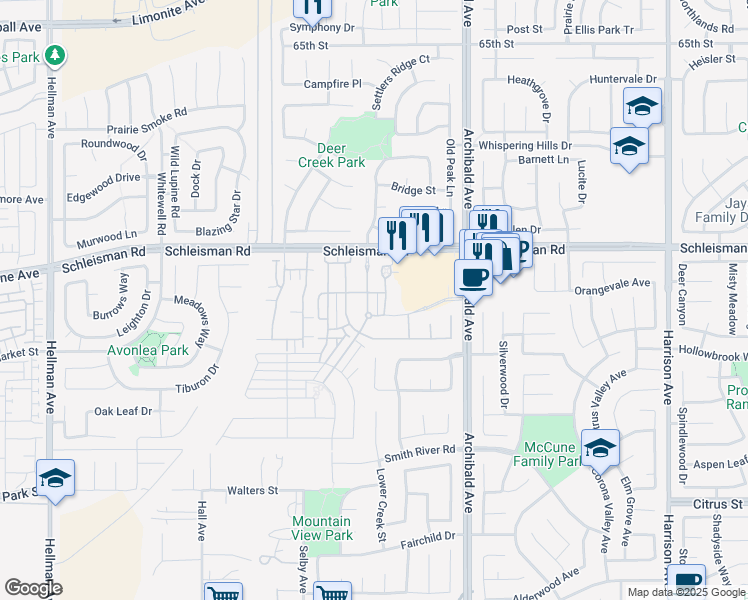 map of restaurants, bars, coffee shops, grocery stores, and more near 7102 Enclave Drive in Corona