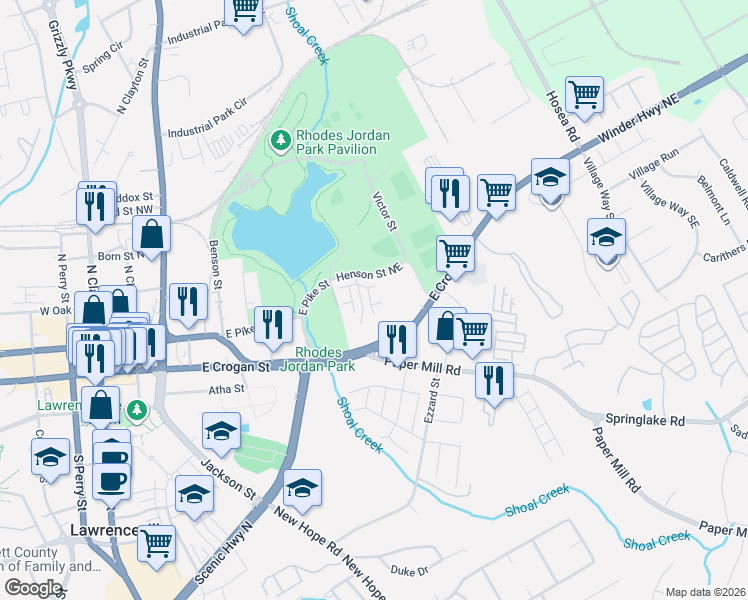 map of restaurants, bars, coffee shops, grocery stores, and more near 152 East Crogan Street in Lawrenceville