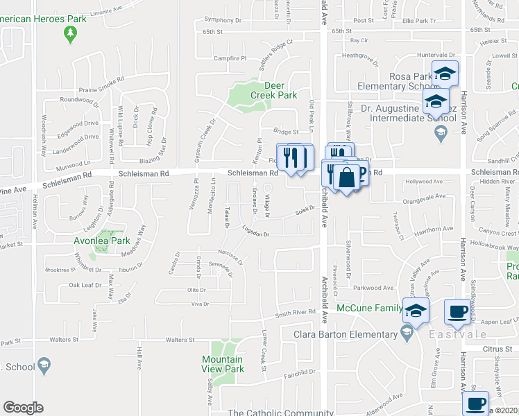 map of restaurants, bars, coffee shops, grocery stores, and more near 7102 Enclave Drive in Corona