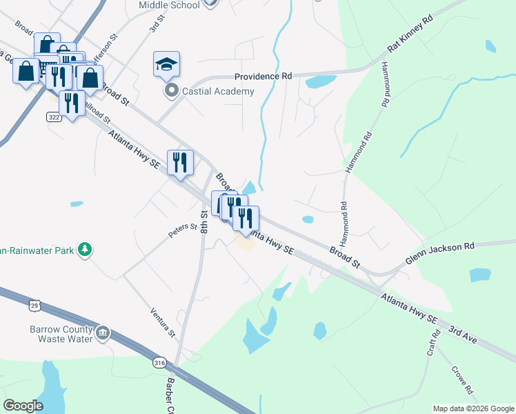 map of restaurants, bars, coffee shops, grocery stores, and more near 2094 Broad Street in Statham