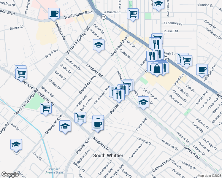 map of restaurants, bars, coffee shops, grocery stores, and more near 13210 Lambert Road in Whittier