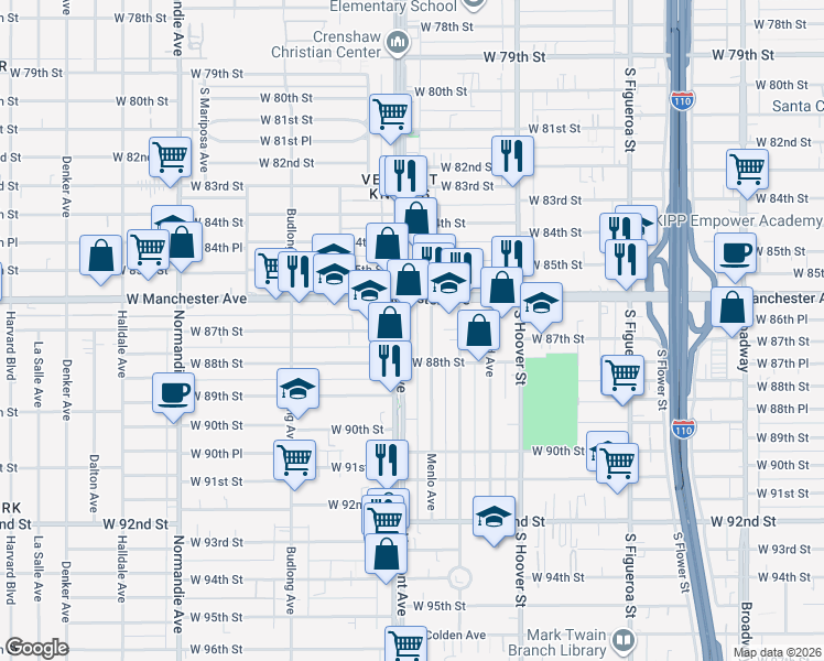map of restaurants, bars, coffee shops, grocery stores, and more near 8652 South Vermont Avenue in Los Angeles