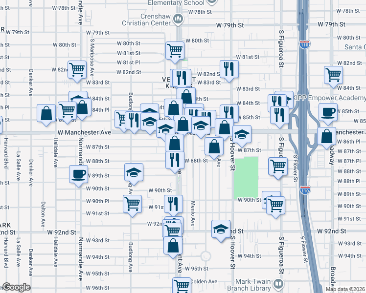 map of restaurants, bars, coffee shops, grocery stores, and more near 8652 South Vermont Avenue in Los Angeles