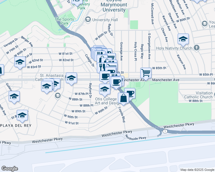 map of restaurants, bars, coffee shops, grocery stores, and more near 8800 Villanova Avenue in Los Angeles
