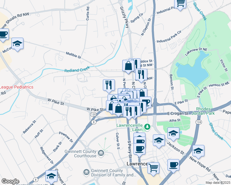 map of restaurants, bars, coffee shops, grocery stores, and more near 167 Panther Point Lane in Lawrenceville