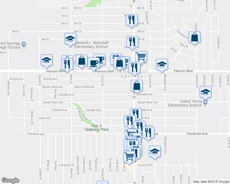 map of restaurants, bars, coffee shops, grocery stores, and more near 66385 Cahuilla Avenue in Desert Hot Springs