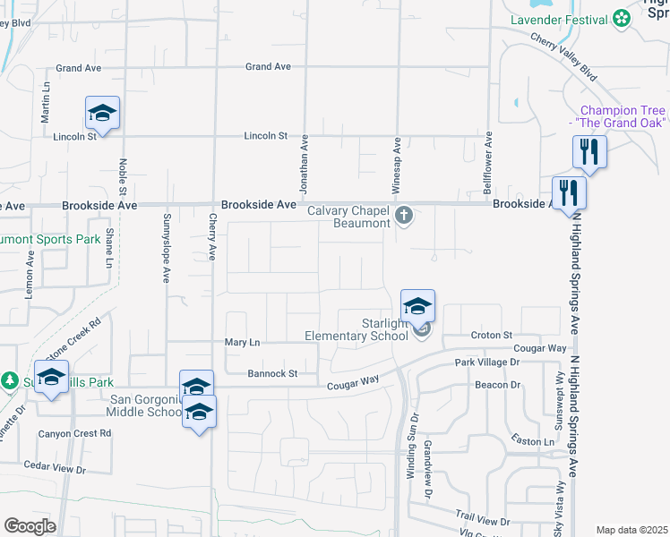 map of restaurants, bars, coffee shops, grocery stores, and more near 1709 Beryl Court in Beaumont