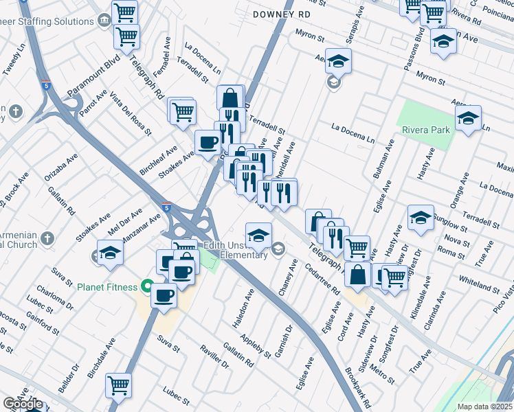 map of restaurants, bars, coffee shops, grocery stores, and more near 9180 Telegraph Road in Downey