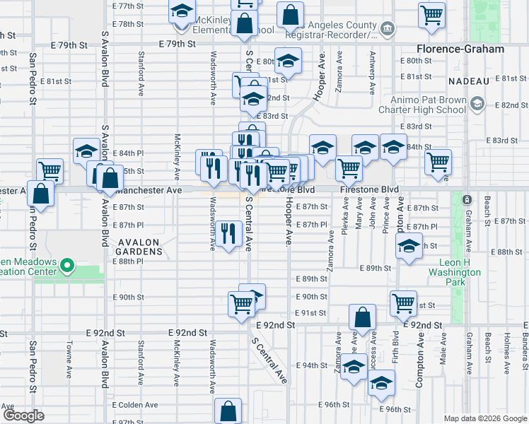 map of restaurants, bars, coffee shops, grocery stores, and more near 1121 East 87th Place in Los Angeles