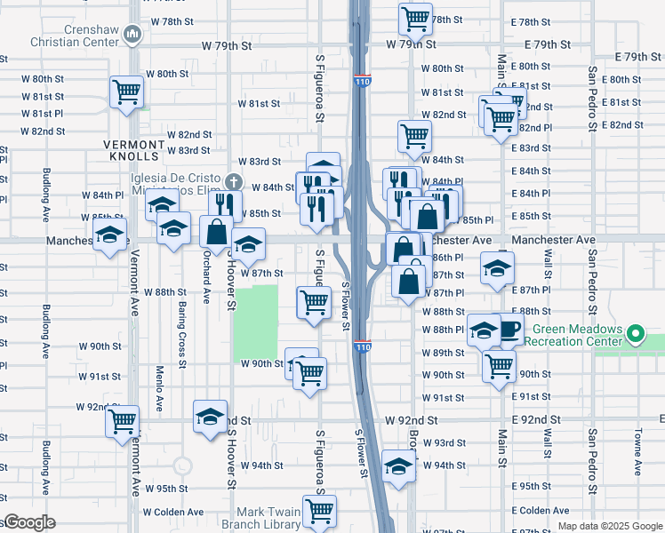 map of restaurants, bars, coffee shops, grocery stores, and more near 8704 South Figueroa Street in Los Angeles