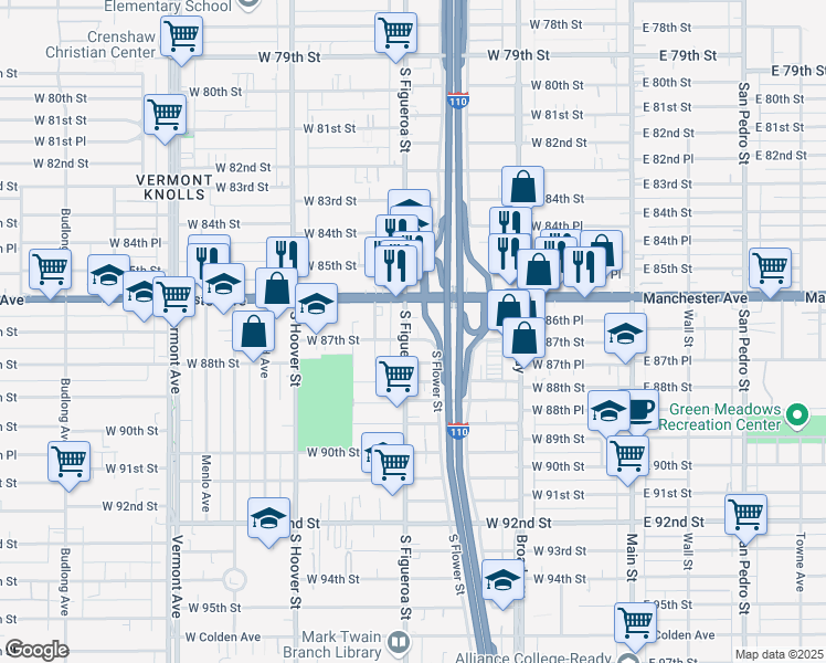 map of restaurants, bars, coffee shops, grocery stores, and more near 8704 South Figueroa Street in Los Angeles