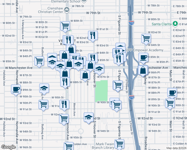 map of restaurants, bars, coffee shops, grocery stores, and more near 8701 South Hoover Street in Los Angeles