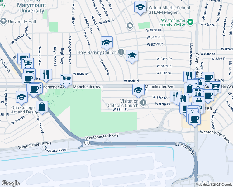 map of restaurants, bars, coffee shops, grocery stores, and more near 6712 West 86th Place in Los Angeles