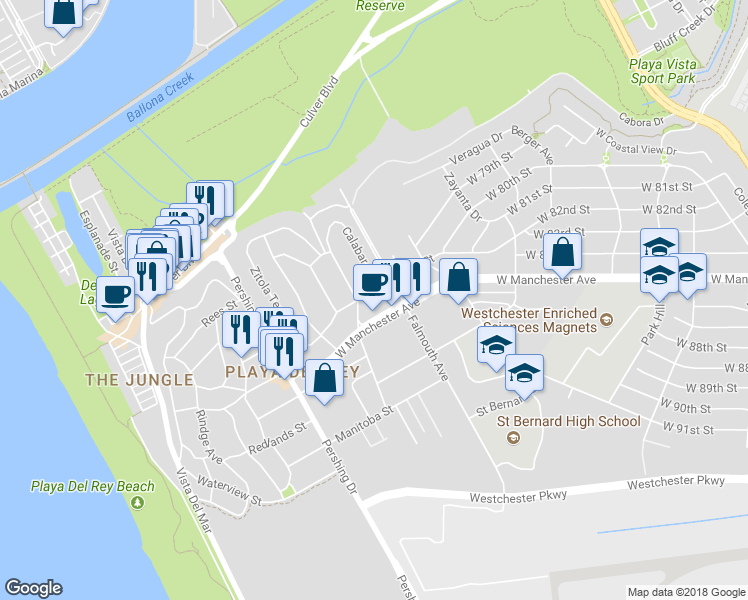 map of restaurants, bars, coffee shops, grocery stores, and more near 8111w West Manchester Avenue in Los Angeles
