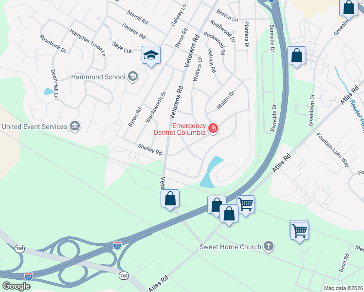 map of restaurants, bars, coffee shops, grocery stores, and more near 7206 Coachmaker Road in Columbia
