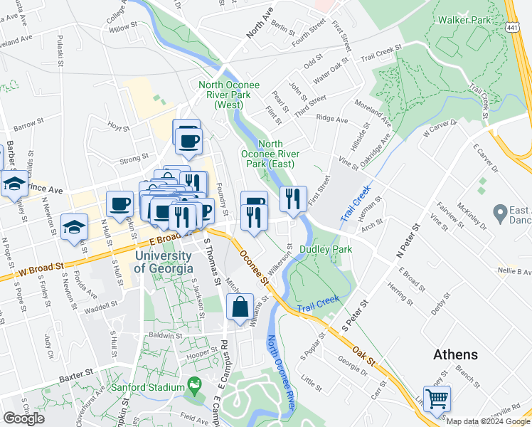 map of restaurants, bars, coffee shops, grocery stores, and more near 910 East Broad Street in Athens