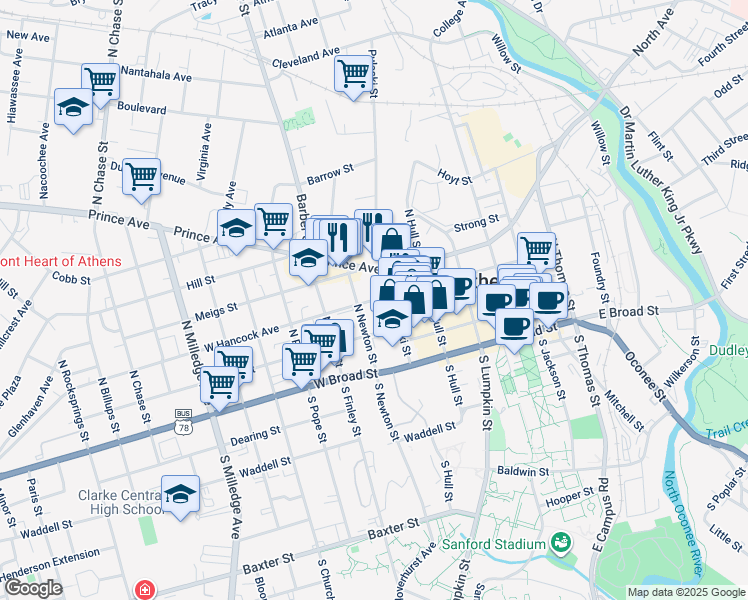 map of restaurants, bars, coffee shops, grocery stores, and more near 393 West Hancock Avenue in Athens