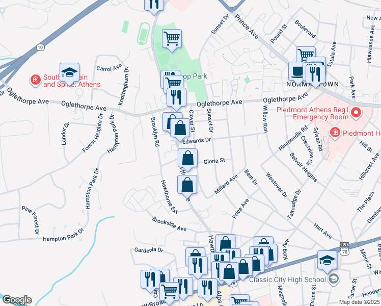 map of restaurants, bars, coffee shops, grocery stores, and more near 370 Clover Street in Athens