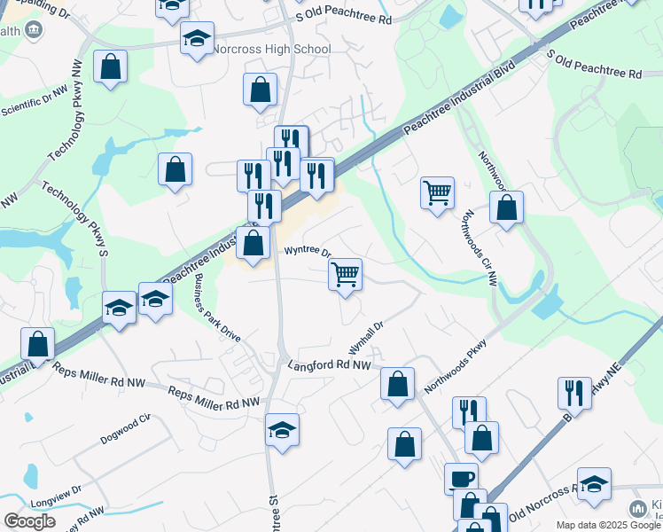 map of restaurants, bars, coffee shops, grocery stores, and more near 5395 Fontenoy Court in Norcross