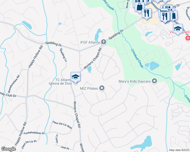 map of restaurants, bars, coffee shops, grocery stores, and more near 3845 Town Farms Drive in Atlanta