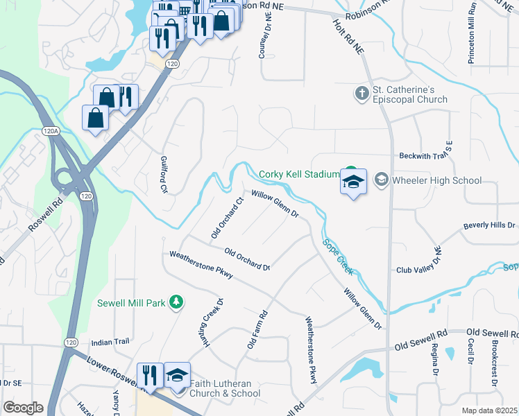 map of restaurants, bars, coffee shops, grocery stores, and more near 320 Clear Spring Court in Marietta