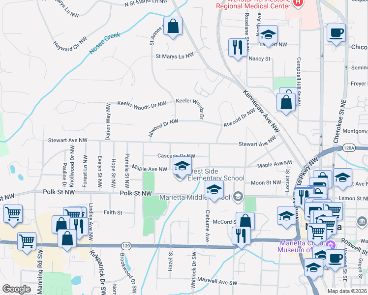 map of restaurants, bars, coffee shops, grocery stores, and more near 344 Cascade Drive Northwest in Marietta
