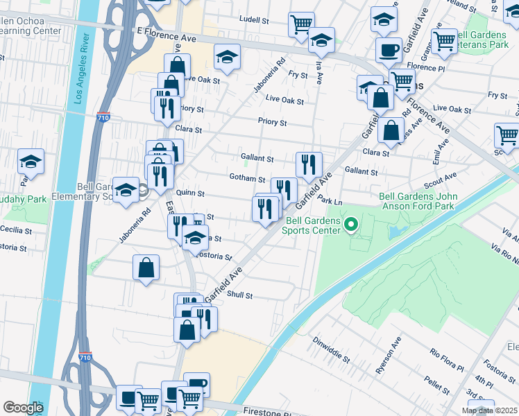 map of restaurants, bars, coffee shops, grocery stores, and more near 6017 Muller Street in Bell Gardens