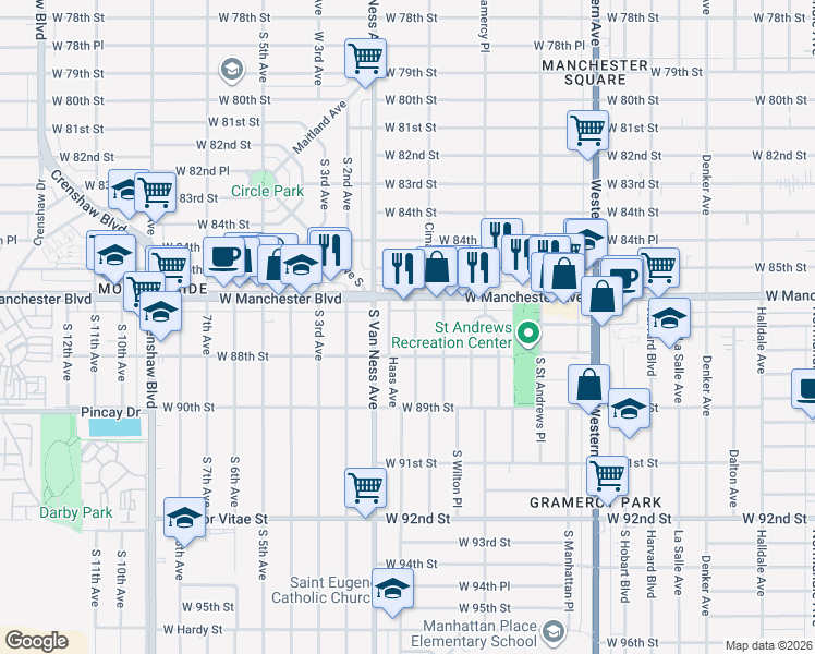 map of restaurants, bars, coffee shops, grocery stores, and more near 8629 Cimarron Street in Los Angeles