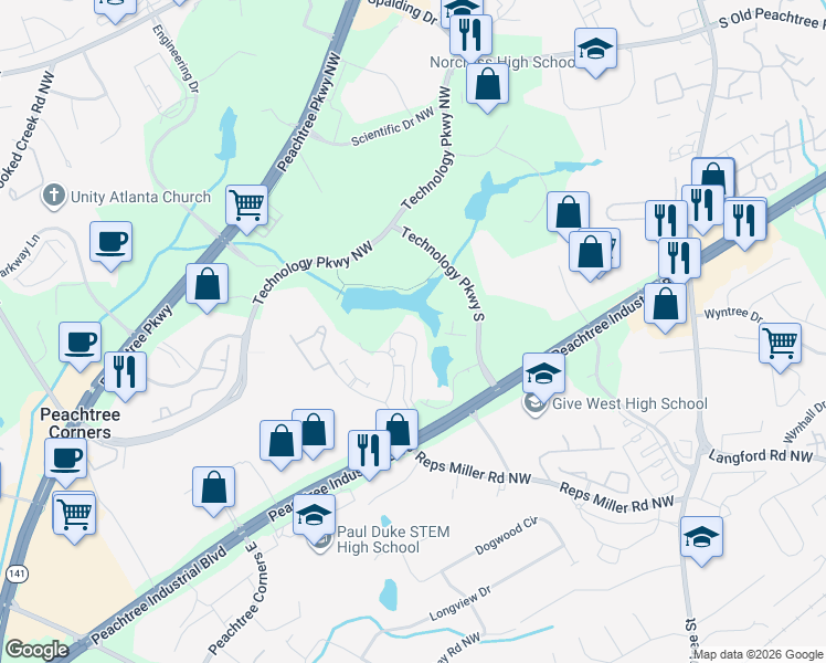 map of restaurants, bars, coffee shops, grocery stores, and more near 510 Guthridge Court Northwest in Norcross