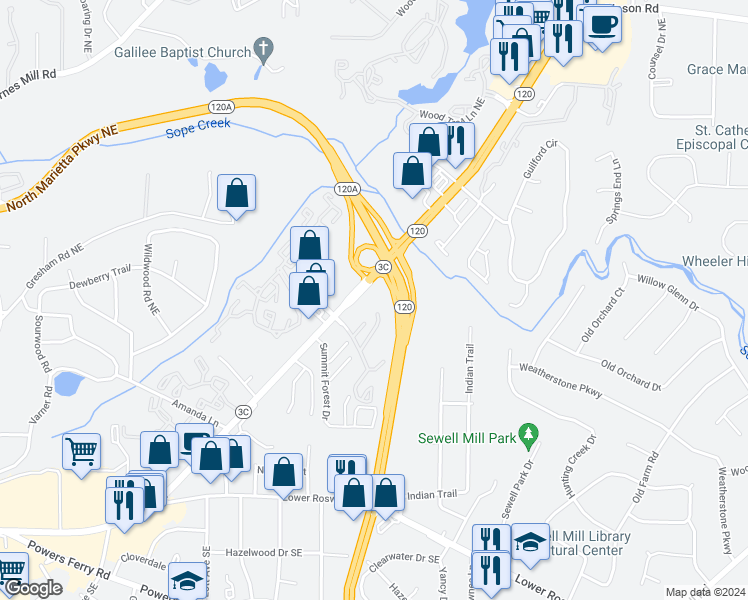 map of restaurants, bars, coffee shops, grocery stores, and more near 1860 Roswell Road in Marietta