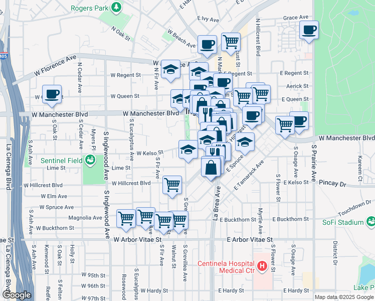 map of restaurants, bars, coffee shops, grocery stores, and more near 105 Davis Drive in Inglewood