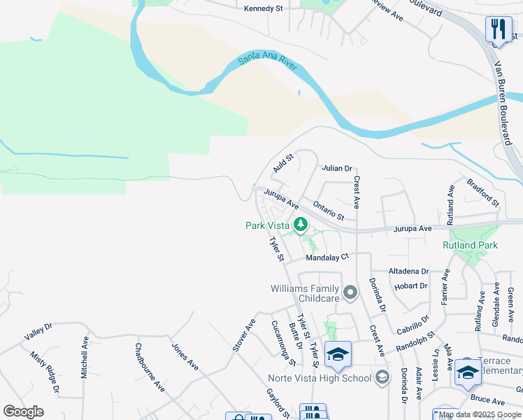 map of restaurants, bars, coffee shops, grocery stores, and more near 10294 Surge Lane in Riverside
