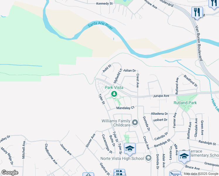 map of restaurants, bars, coffee shops, grocery stores, and more near 7177 Idyllwild Lane in Riverside