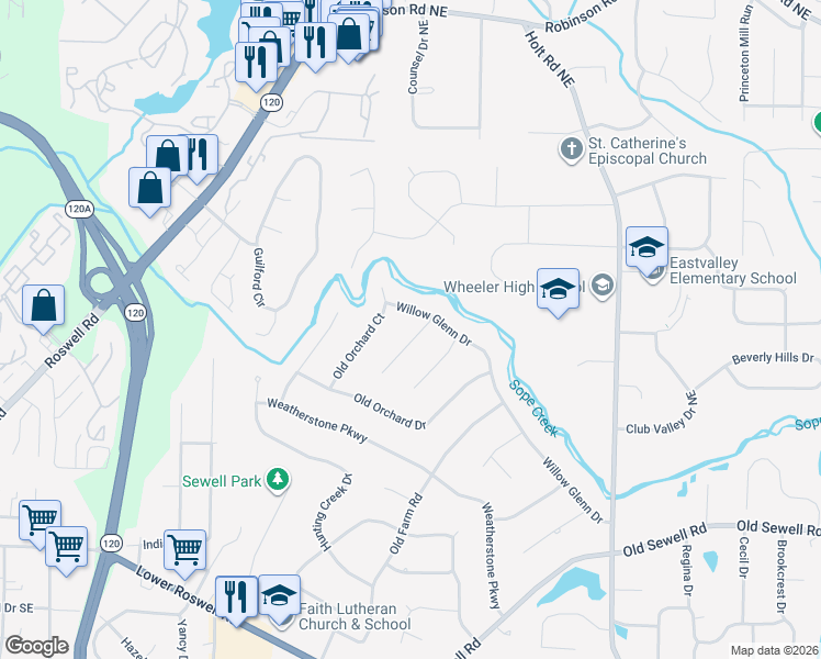 map of restaurants, bars, coffee shops, grocery stores, and more near 320 Clear Spring Court in Marietta